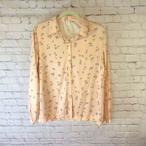 Miss K Vintage 70s Peach Floral Button Up Long Sleeve Cottagecore Blouse Size S